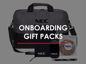 An NEC onboarding gift pack, containing a briefcase, notebook, pen, and other items.
