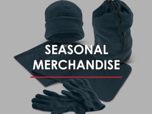 A product photography example of a beanie, gloves, and bags on a white background. The products are well-lit and in focus. The background is clean and uncluttered with the text “Seasonal Merchandise” written on it.