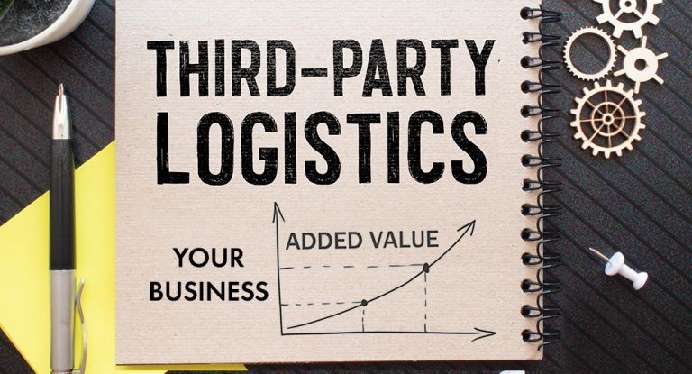 A notebook with the words "THIRD-PARTY LOGISTICS" written on it.