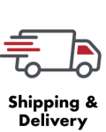A shipping truck icon delivering packages to a customer's doorstep with the text “Shipping & Delivery”.